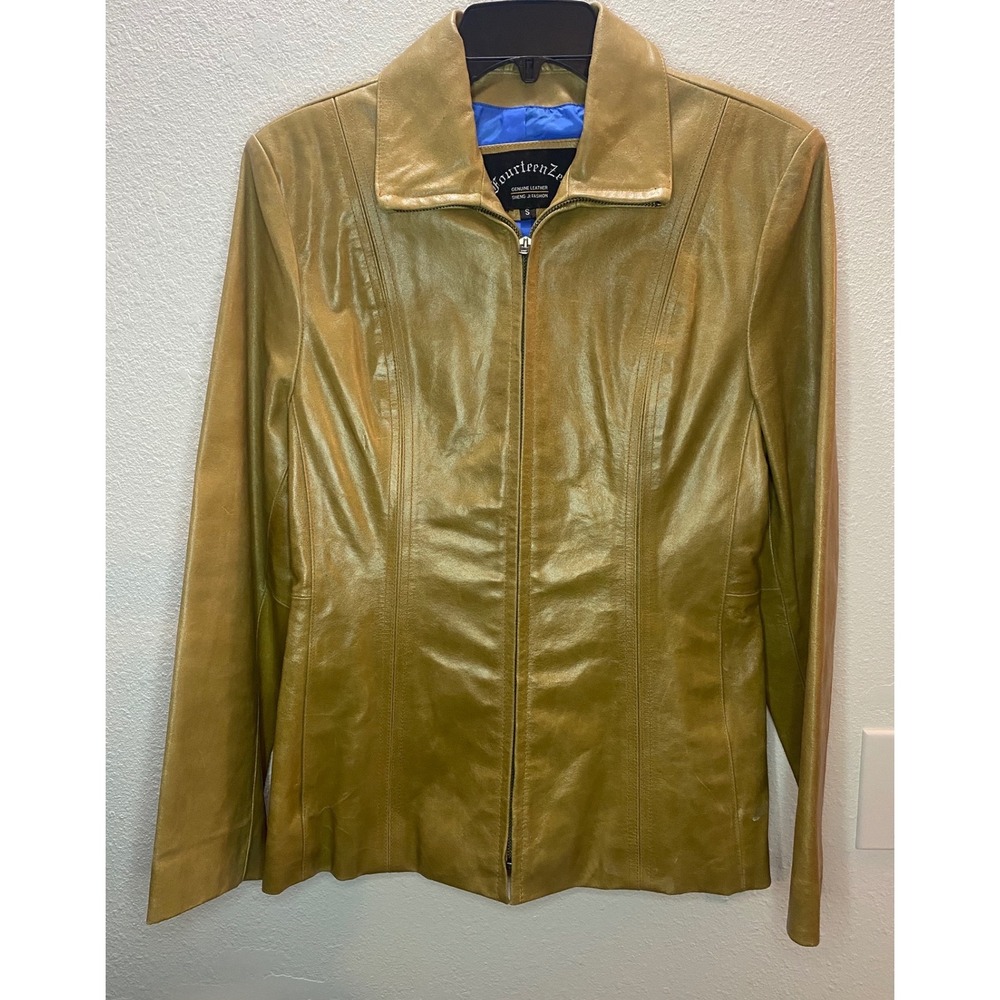 FourteenZero Leather Jacket Womens S Gold Metallic Zip Front Blue Lining Minimal